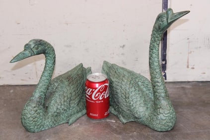 Matching Pair (2) Green BRONZE SWAN Sculptures, Weight: 12 lbs 3 oz. (ONE$)