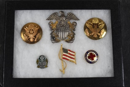 Various WWII Army Hat/Visor Badge Pins, a 1990s Army pin and USA Flag Pin (ONE$)
