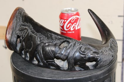 Hand Carved CAPE BUFFALO Horn with a "Big 5" Scene