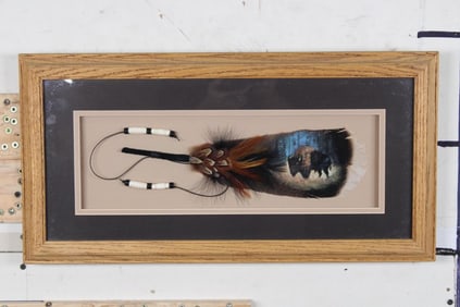 McNeel Painted Buffalo Feather in a Glass Frame, Leather Wrapped with Beads