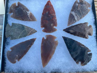 8 ARROWHEADS in a Glass Display Case (ONE$): 8 Native American ARROWHEADS in a Glass Display Case. The Glass Case measures 6.25" Long x 5.25" Wide. The Arrowheads range from 2" to 2.5" Long. (ONE$) COLLECTIBLE NATIVE AMERICAN ARTIFACTS