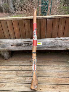 *Rarely Seen* Hand Painted Australian DIDGERIDOO: *Rarely Seen* Australian DIDGERIDOO. This is an Aboriginal blowing instrument made in the form of a long wooden tube and hollowed out by termites! It is ornately hand painted and measures 65" Long. Wh