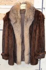 Vintage Mahogany MINK and GREY FOX Fur Coat with Detachable Zipper Sleeves