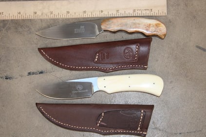 (1) Giraffe Bone and (1) Warthog Ivory Handle Arno Bernard Fixed Blade KNIVES with Leather Sheaths (