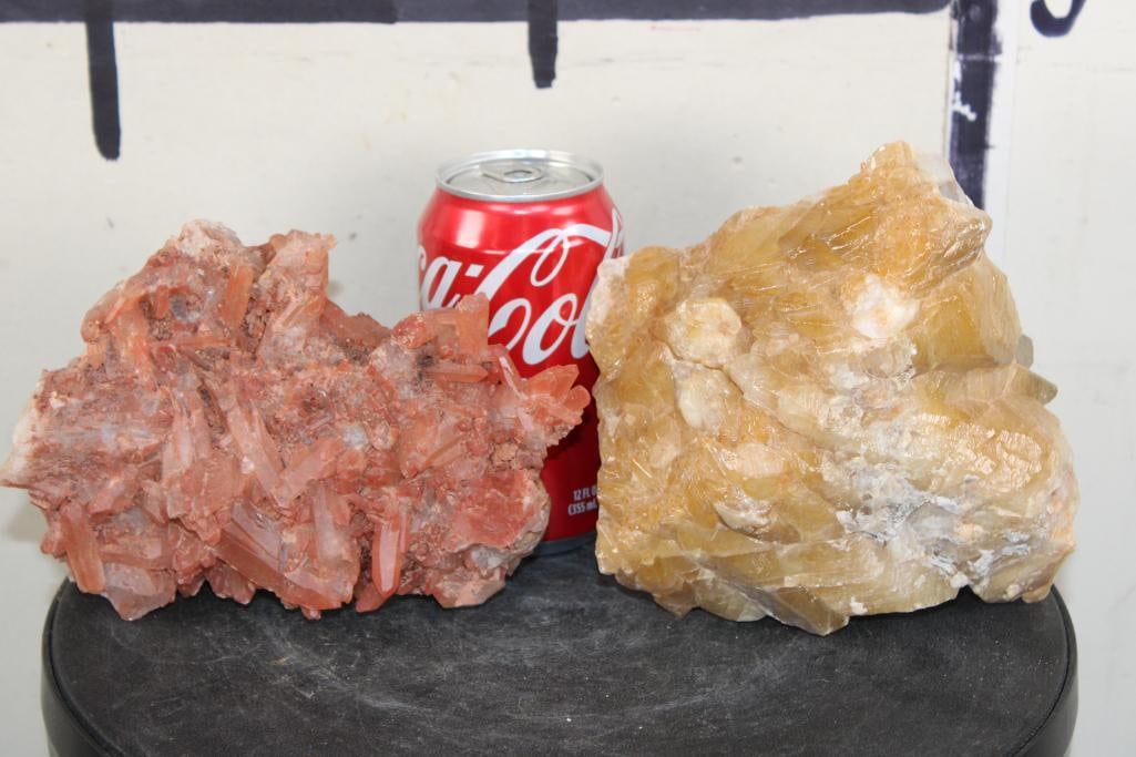 TANGERINE HEMATOID QUARTZ and a HONEY Dogtooth CALCITE: 3 lb 12oz TANGERINE HEMATOID QUARTZ (Fine Quartz) that measures 7" Long x 4.5" Tall x 3.5" Thick. Tangerine hematoid quartz features a unique orange or reddish-orange hue due to the presence of hemati