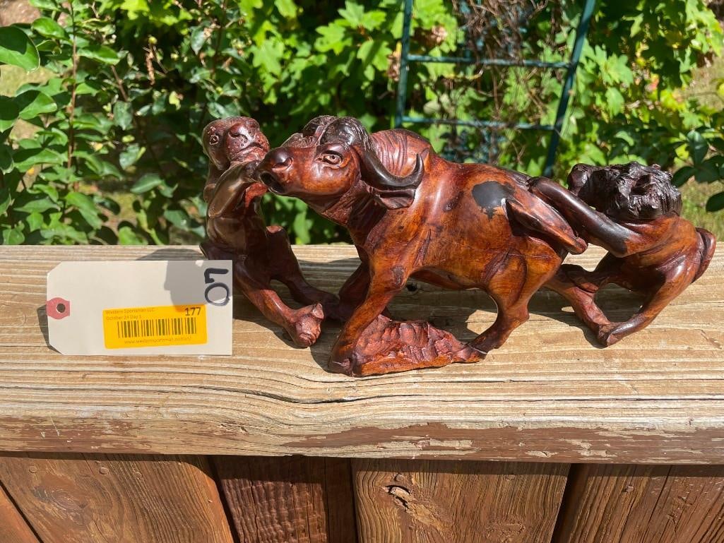 Ironwood Carving of 2 African LIONS attacking a CAPE BUFFALO (1 of 4)