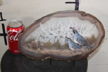 Original Quail Painting Signed by artist Anton Znanieki on a Brazilian AGATE and Clear QUARTZ Slice