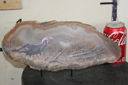 Original Turkey Painting Signed by artist Anton Znanieki on a Brazilian AGATE and Clear QUARTZ Slice
