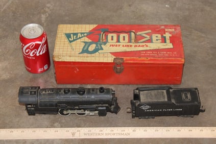 (2) Model Train Cars in a Vintage Jr. Ace Tool Box (ONE$)