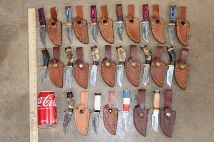 (16) *New* Damascus Steel KNIVES with Leather Sheaths (ONE$)