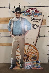 Life-sized 6' Tall JOHN WAYNE "Pick it up Pilgrim" Coors Light Beer Ad from 1997: The Duke himself! This Life-sized JOHN WAYNE Coors Light Ad is from 1997. It is made from cardboard and has the catch phrase "Pick it up Pilgrim" across the top. It measures 6' Tall x 40" Wide. There