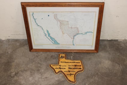 (1) Reproduction "Map of Texas 1844" and (1) Antique 1800s Texas Barbed Wires Plaque (ONE)