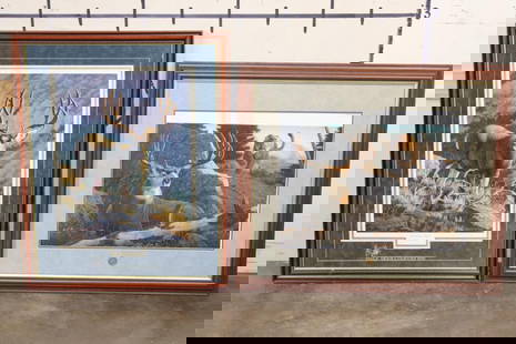 (2) Large Art Prints, "Hart Mountain Majesty" by Brent R. Todd and a signed Tom Mansanarez Framed: 2 Large Art Prints.&nbsp; "Hart Mountain Majesty" shown left is signed by artist "Brent R. Todd" and numbered "143/500". The glass and wood frame measures 35" Long x 28" Wide. Pictured right is the Na
