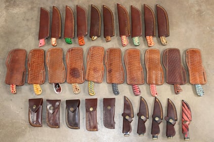 (30) Damascus Steel and Carbon Steel Knives with Leather Sheaths (ONE$)