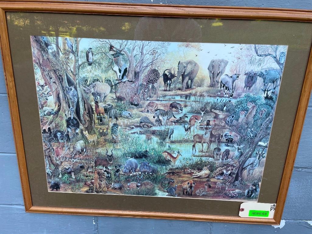 "All Creatures" Art Print Signed by artist Charlotte FK in a Glass and Wooden Frame: Beautiful Art Print of Africa's Animals. It is entitled "All Creatures" and is signed by the artist "Charlotte FK 1992". The Glass and Wood Frame measures 35" Long x 27" Wi