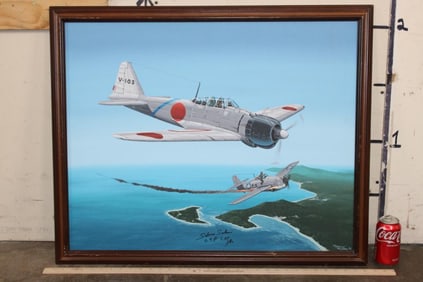 Original Oil Painting "Zero Pilot" signed by artist Raymond Waddy and signed by Pilot Saburo Sakai