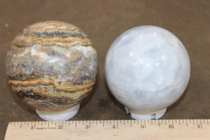 (1) Banded CHALCEDONY Mineral Sphere and (1) BLUE CELESTITE Mineral Sphere (ONE$)
