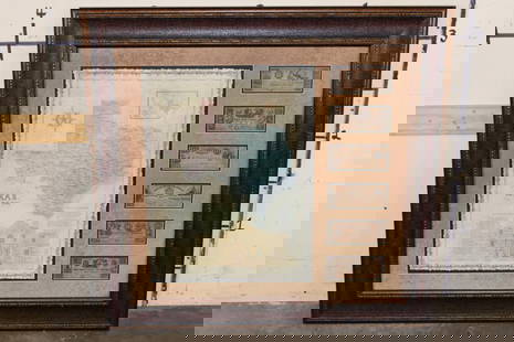 Big Reproduction "Republic of Texas/Alamo" Map and 6 Reproduction Texas Currency Notes: Large Framed Reproduction Republic of Texas Map with the Alamo and 6 Reproduction Currency Notes. The very nice wood and glass frame measures 42.5" Long x 40.5" Wide. HISTORICAL TEXAS MAPS