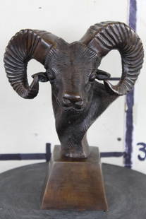 BRONZE RAM Head Sculpture, Weight 5 lbs: BRONZE Cast RAM Head Sculpture measures 11" Tall x 8.25" Wide x 6" Depth. The Total Weight is 5 lbs 9 oz. COLLECTIBLE ART BRONZE SCULPTURES