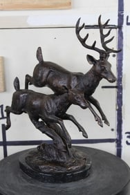 Jumping Deer and Doe BRONZE Sculpture on a MARBLE Base, Weight 8 lbs
