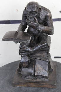 BRONZE Reading CHIMPANZEE Sculpture, Weight 7lbs: BRONZE CHIMPANZEE sitting on a stack of books. He is reading and contemplating his thoughts. A homage to "The Thinker" Statue. Measures 10.5" Tall x 5.5" Wide x 5.5" Depth and a Total Weight of 7lbs 1