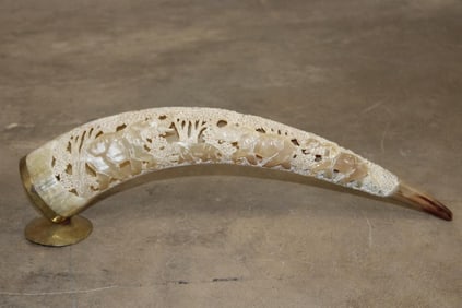 Scrimshawed and Polished STEER Horn on a Brass Base