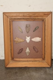 9 Prehistoric South Texas Bandera Willow Leaf Flint Spear Points or Preforms in a Glass and Wood