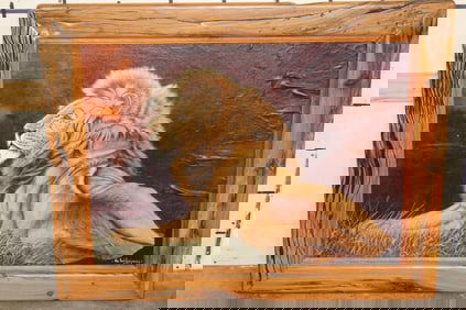 Original Oil Painted Leather Art signed by South African artist Nic Van Rensburg in a Railwood Frame