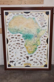 Rowland Ward "Hunting and Conservation" Africa Map Print by artist E. Buckley in a Wood and Glass