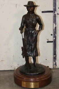 "Sportswomen of the Year 2005" Annie Oakley Bronze Statue signed by artist Raj S Paul, Weight 8 lbs: "Sportswomen of the Year 2005" Original Annie Oakley Bronze Statue signed by artist Raj S Paul. It has a nice wooden base and measures 14" Tall x 7" Wide x 7" Depth. The Total Weight is 8lbs. This awa