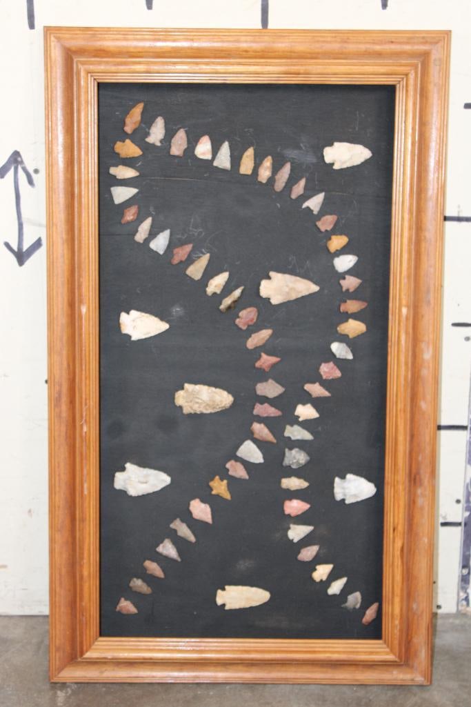 (62) Pre-historic Flint ARROW and SPEAR Points displayed in a Wood Frame (ONE$) (1 of 10)