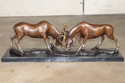 Big BRONZE Fighting MOOSE BULLS on a Marble Base, Weight 48 lbs