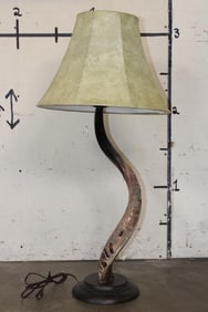 Carved and Polished KUDU Horn Lamp with a Cape Buffalo Scene