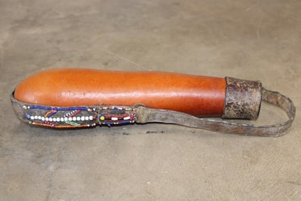 Antique Beaded MAASIA Milk Gourd Container with a Leather Strap