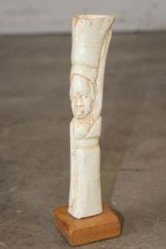 African Woman Figure Statue Carved from Bone on a Wood Stand