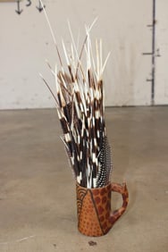 Over 50 African PORCUPINE Quills and 4 GUINEAFOWL Feathers in a Wooden Decorative Mug (ONE$)