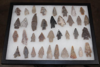 (36) Prehistoric South Texas Bandera Flint ARROWHEAD Surface Finds in a Display Case (ONE$)