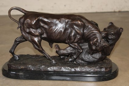 Bronze Fighting BULL AND BEAR Sculpture on a Marble Base, Weight 23 lbs