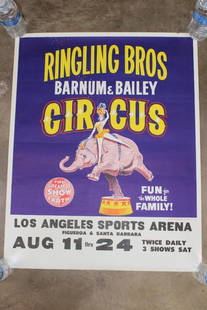 Original "Ringling Brothers Barnum and Bailey Circus" Advertisement from 1943: Original "Ringling Brothers Barnum and Bailey Circus" Advertisement Lithograph from 1943. It has stunning colors and imagery of a performer on an Elephant.&nbsp;&nbsp;It measures 28" Tall x 22.5" Wide