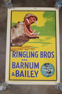 Original "Ringling Brothers Barnum and Bailey Circus" Advertisement from 1942: Original "Ringling Brothers Barnum and Bailey Circus" Advertisement Lithograph from 1942. It has bold colors and an incredible Hippo image. The Total measurements are 28" Tall x 19.25" Wide. It is in