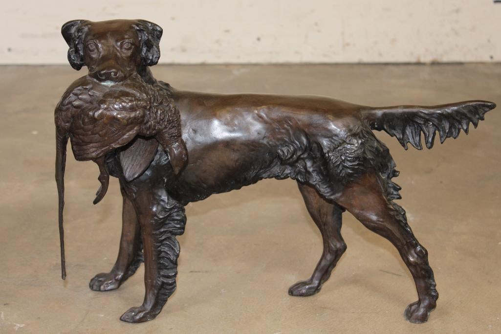 Big Bronze Hunting Dog with a Pheasant in its Mouth, Weight 22 lbs: Big Bronze Hunting Dog with a Pheasant in its Mouth. It measures 20" Long x 8" Wide x 14.5" Tall. The Total Weight is 22 lbs 4 oz. COLLECTIBLE BRONZE SCULPTURES AND STATUES 