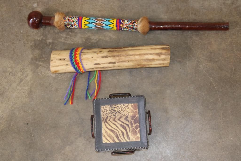 (1) Small Rainmaker, (1) Africa Themed Coaster Set, (1) Ceremonial Beaded Zulu Knobkerrie Club (1 of 8)