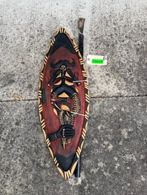 Hand-carved and Painted AFRICAN War Shield with a Weapon
