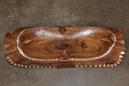 Hand Carved Wooden Tray with Mother of Pearl Inlay and detailed Birds, believed to be Maori