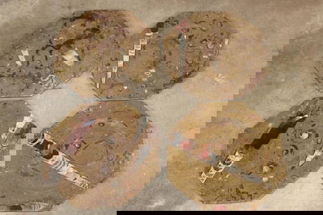 Set of (4) Polished ORTHOCERAS and AMMONITE Fossil Dinner Plates (ONE$): 4 Authentic ORTHOCERAS and AMMONITE Fossil Dinner Plates. They have been cut, polished, and hand formed into an octagon shape. These plates are composed in nature on the sea floor with various mollusk
