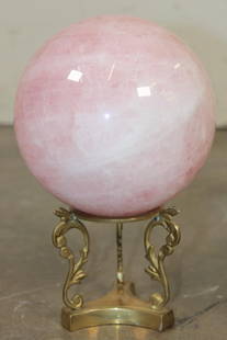 XL 11 lb ROSE QUARTZ Crystal Sphere with a Decorative BRASS Display Stand: Lovely XL ROSE QUARTZ Crystal Sphere with a decorative Brass Display Stand. It measures 6.25" in Diameter and Weighs 11 lbs 10 oz. Rose Quartz is known for its soft pink color and association with lov