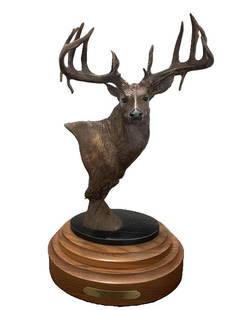 "Midnight Crossing" Sculpture by artist Dick Idol on a Marble and Wood Base: "Midnight Crossing" Limited Edition art production by Big Sky Carvers artist Dick Idol. This is a Large Whitetail Deer. The plaque reads "Midnight Crossing by Dick Idol 1144/1500 N.W.T. F." (National