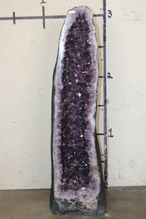 XXL 141 lb AMETHYST Crystal Geode Cathedral: Gorgeous cut and polished AMETHYST Crystal Geode Cathedral from Brazil. It measures 37" Tall x 10" Wide x 12.25" Depth. The Total Weight is 141.35 lbs or 64.25 kg. This is a Stunning AMETHYST Cat