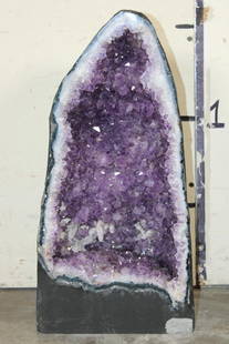 Big 57 lb AMETHYST and Clear Quartz Crystal Geode Cathedral: Gorgeous AMETHYST and Clear Quartz Crystal Geode Cathedral from Brazil. It measures 19.25" Tall x 9.5" Wide x 8.25" Depth and has a Total Weight of 57 lbs 2 oz. Clear Quartz points are present within,