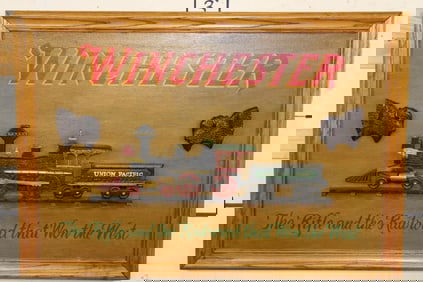 Vintage "Winchester" and "Union Pacific" Hand-painted Wooden Advertisement Sign with Carved Details